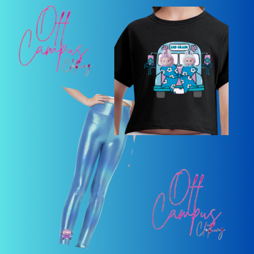 Inspired by laboobu dolls on School Bus shirt with Grade and name optional. (as a set is an option with metallic matching leggings)