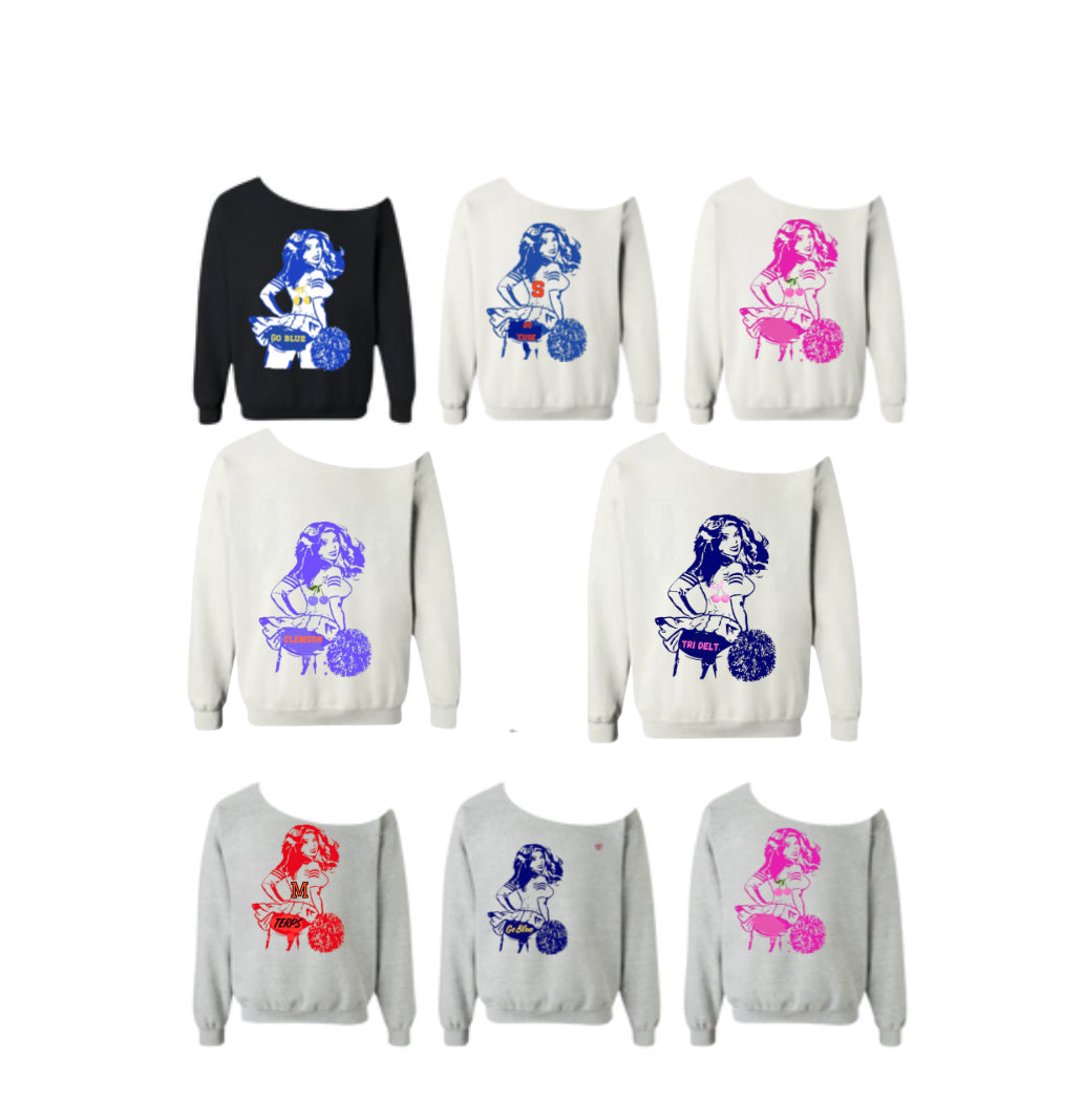 Pin up girl cheerleader College Name on Tush baby t or off shoulder sweatshirt. this design also comes in cropped tank, cropped baby t