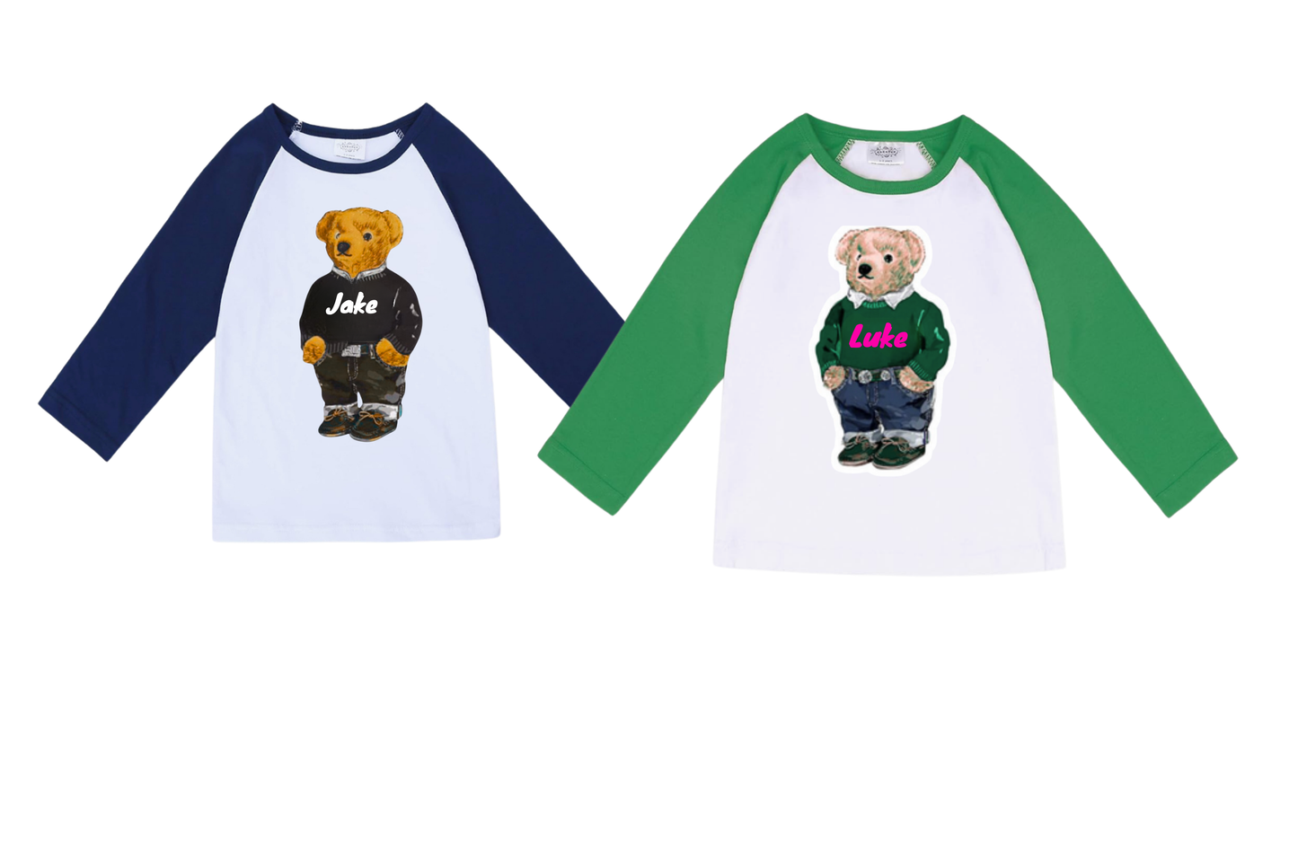 Toddler Bear Custom Raglan personalized with name and color (iced coffee, sunglasses, polo bear couture shopping bear, add their name)