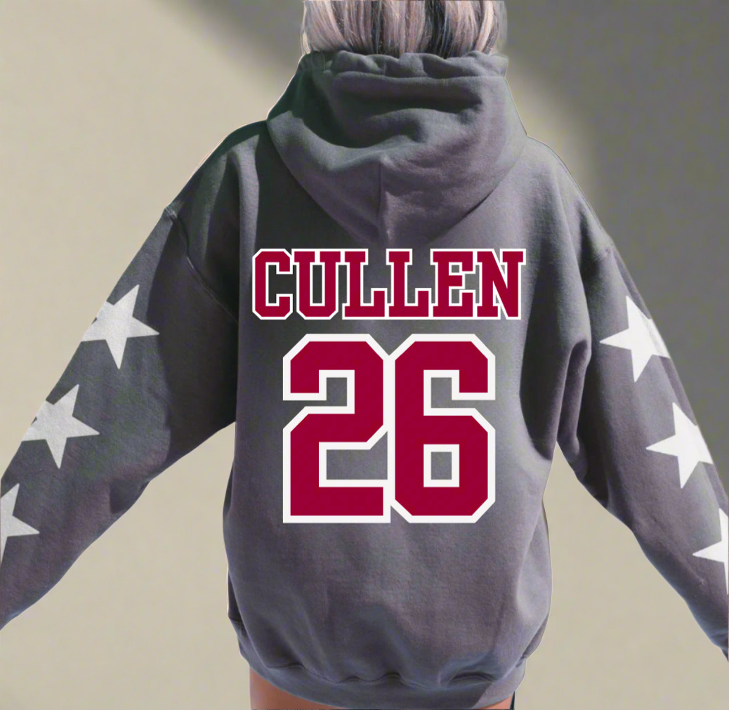 Sports Star Sweatshirt with Name & Number Sport Mom, Sibling, Aunt, Player Family - stars or hearts down the arms