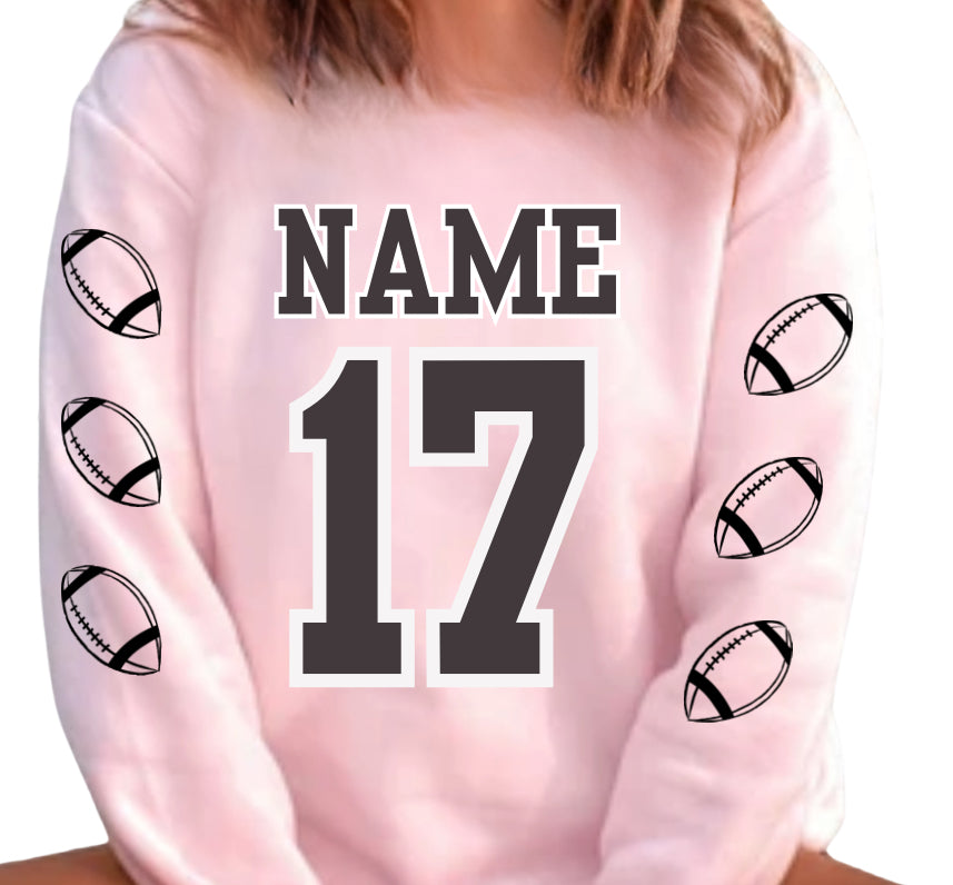 Sports Star Sweatshirt with Name & Number Sport Mom, Sibling, Aunt, Player Family - stars or hearts down the arms