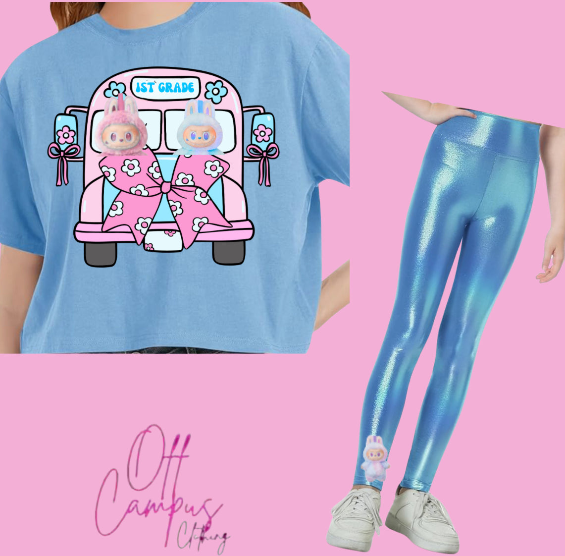 Inspired by laboobu dolls on School Bus shirt with Grade and name optional. (as a set is an option with metallic matching leggings)