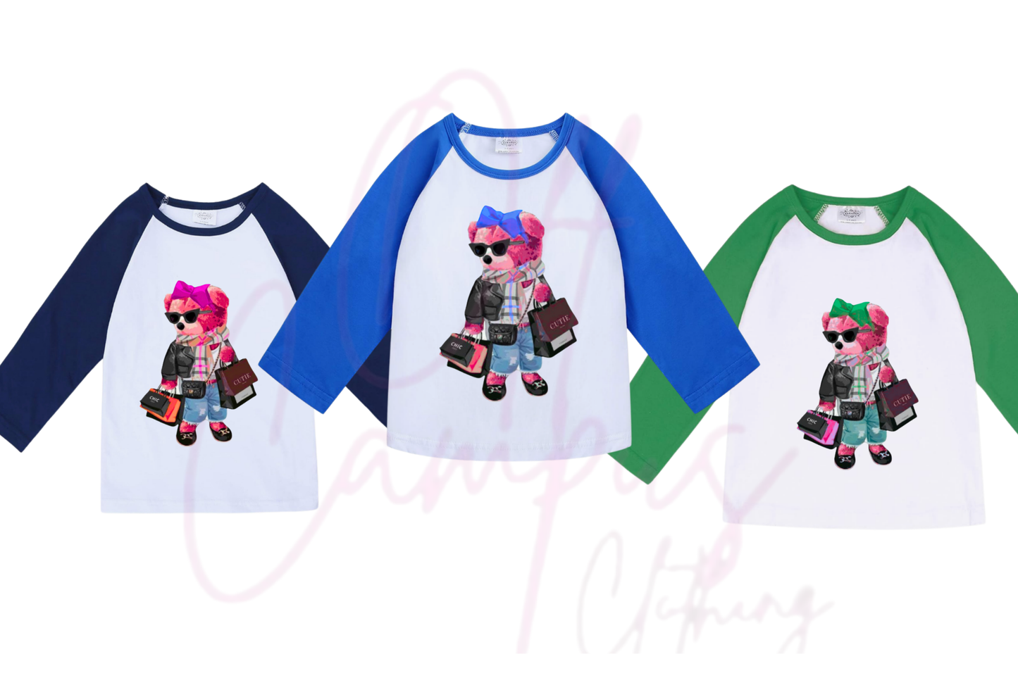 Toddler Bear Custom Raglan personalized with name and color (iced coffee, sunglasses, polo bear couture shopping bear, add their name)