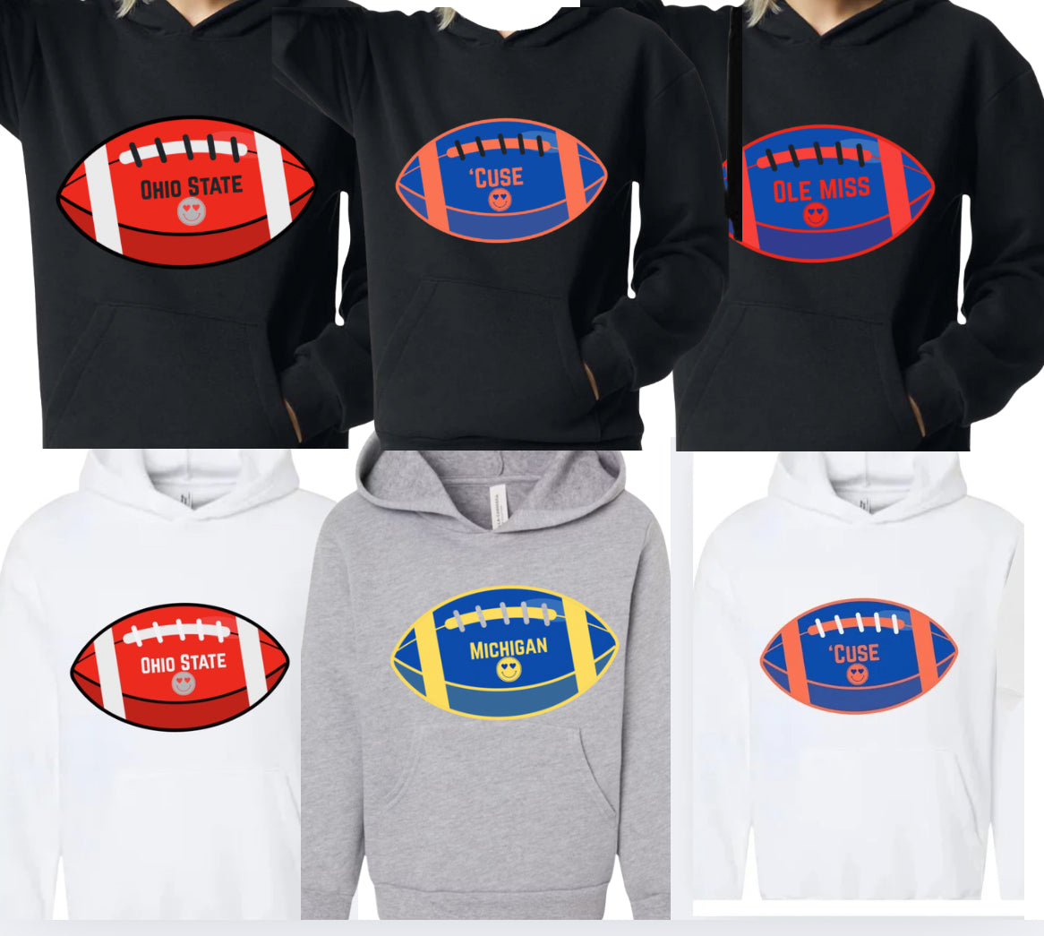College Football Smiley Sweatshirt with Name & Number Sport Mom, Sibling, Aunt, Player Family - stars or hearts down the arms