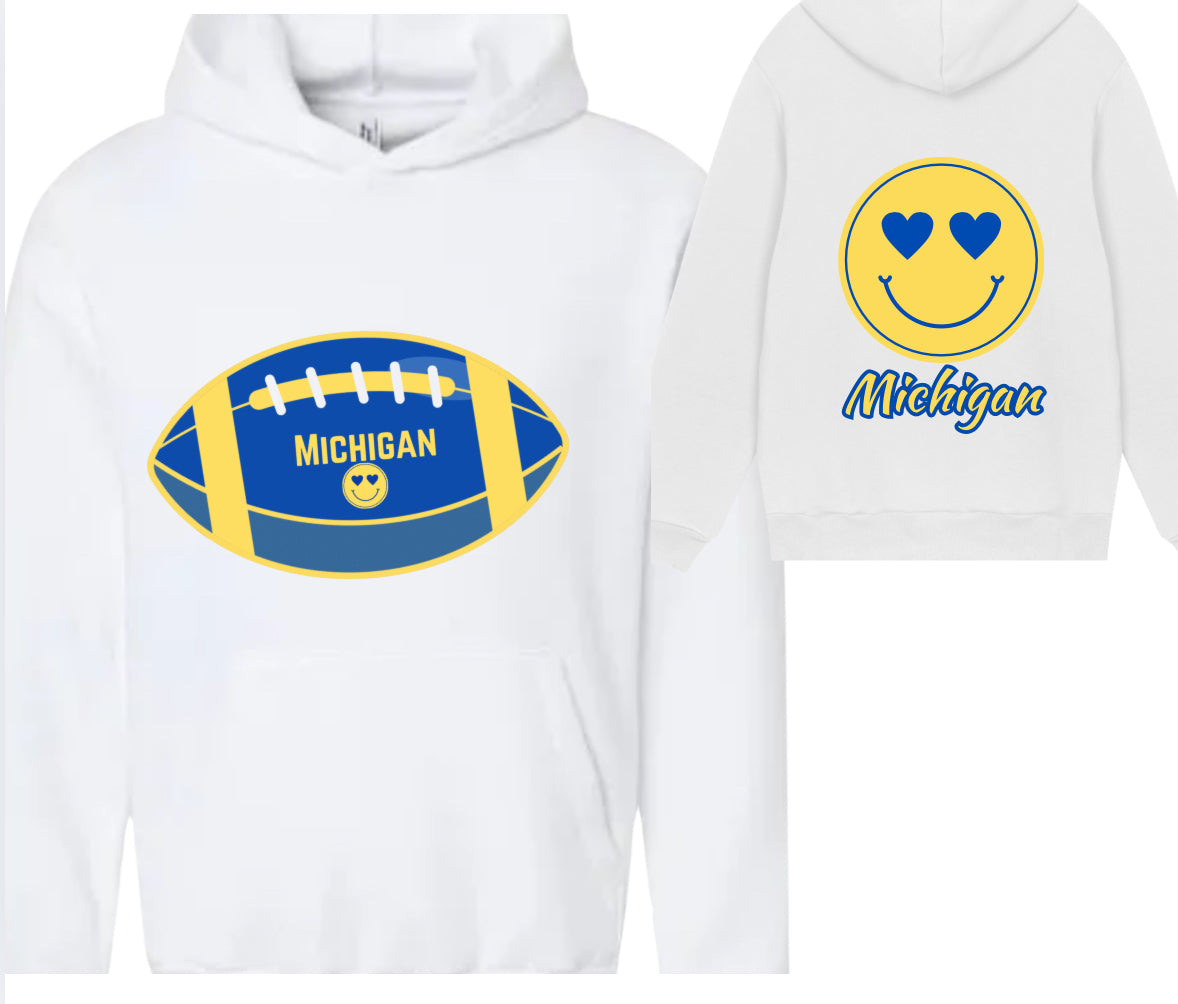 College Football Smiley Sweatshirt with Name & Number Sport Mom, Sibling, Aunt, Player Family - stars or hearts down the arms