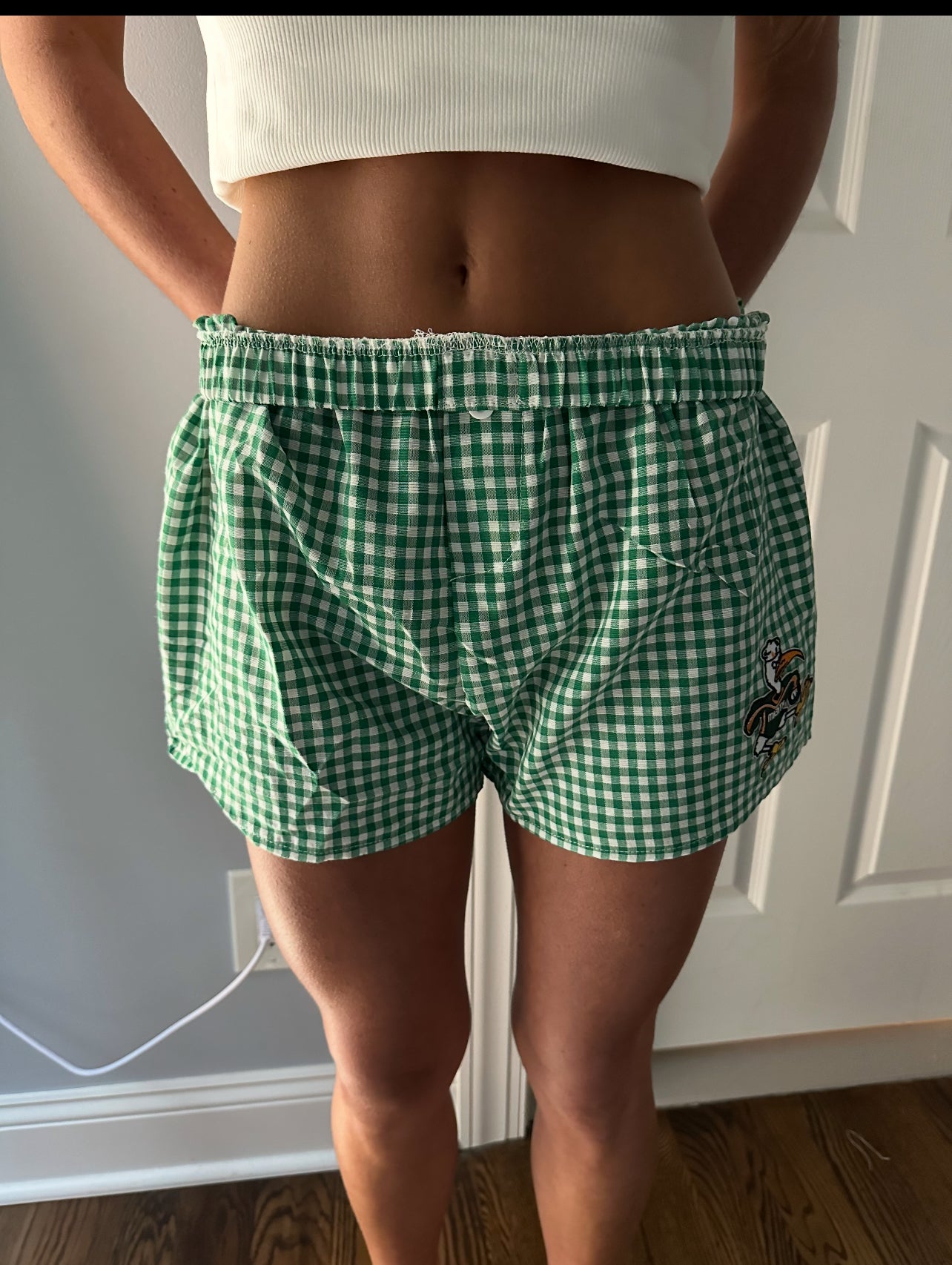 Women’s college or camp custom gingham boxer shorts monogram or college logo