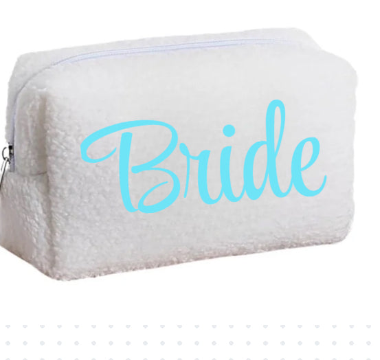 BRIDE Travel Tote Honeymoon Travel Bag Sherpa Cosmetic Bag for Organizing Storing Jewelry and Cosmetic Case travel. Mini faux pearls.