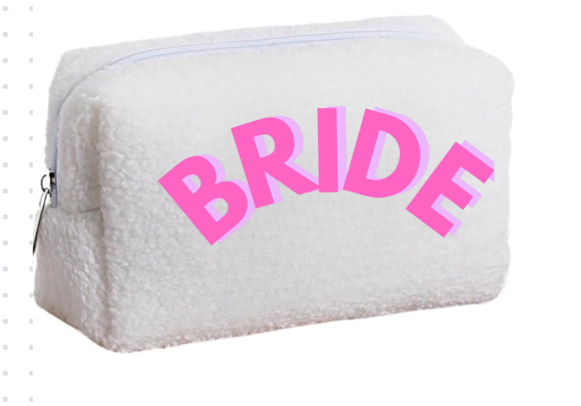 BRIDE Travel Tote Honeymoon Travel Bag Sherpa Cosmetic Bag for Organizing Storing Jewelry and Cosmetic Case travel. Mini faux pearls.