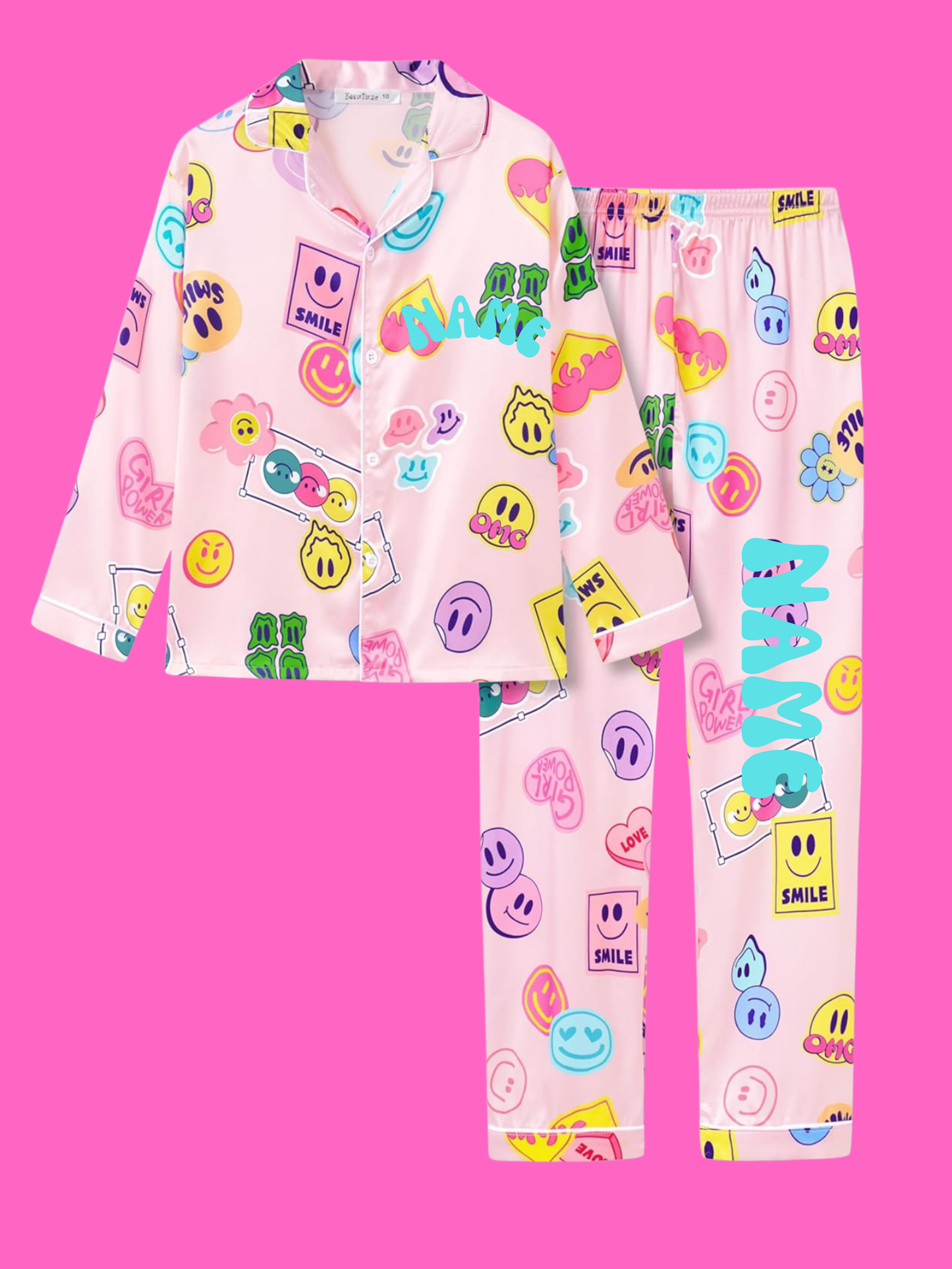 Personalized Name Cute Designs Youth 2 piece satin pajama set Camp or School - Cute Labubu-Inspired