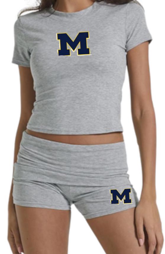 College Name Workout spaghetti tank Two Piece SET Slim Short Sleeve Low Waist Foldover Shorts.