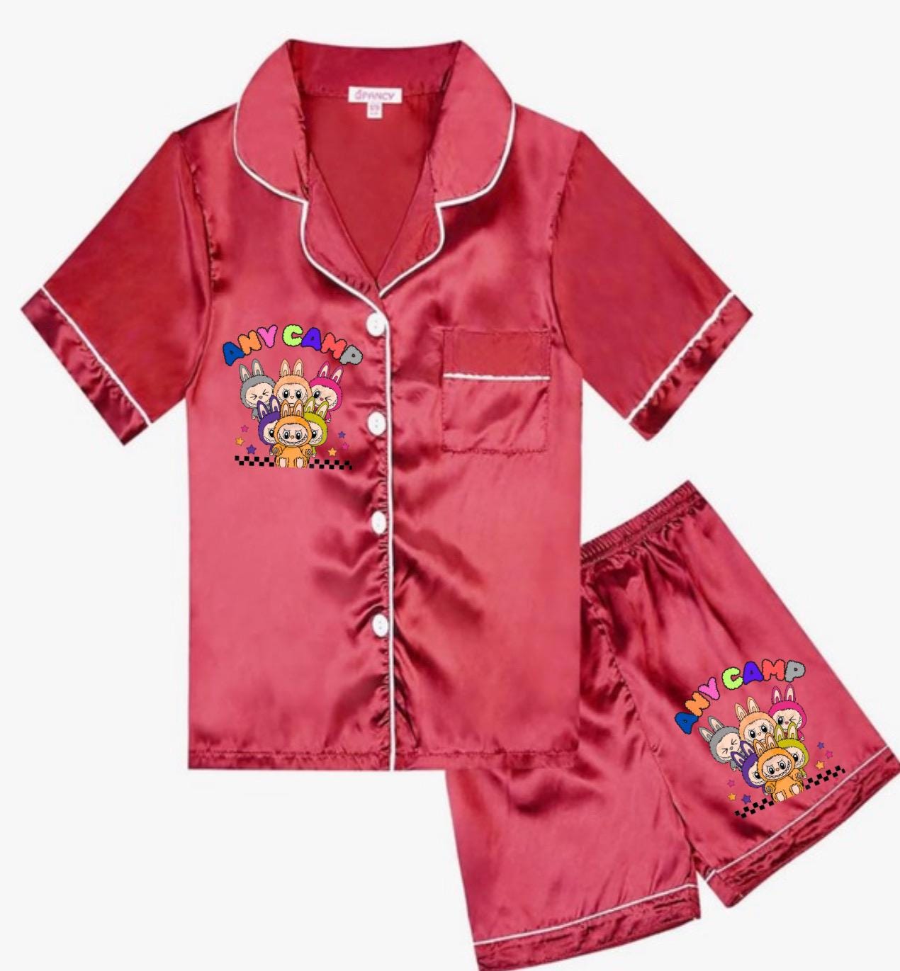 Custom labooboo inspired Youth 2 piece satin pajama set Camp or School - Cute Labubu-Inspired