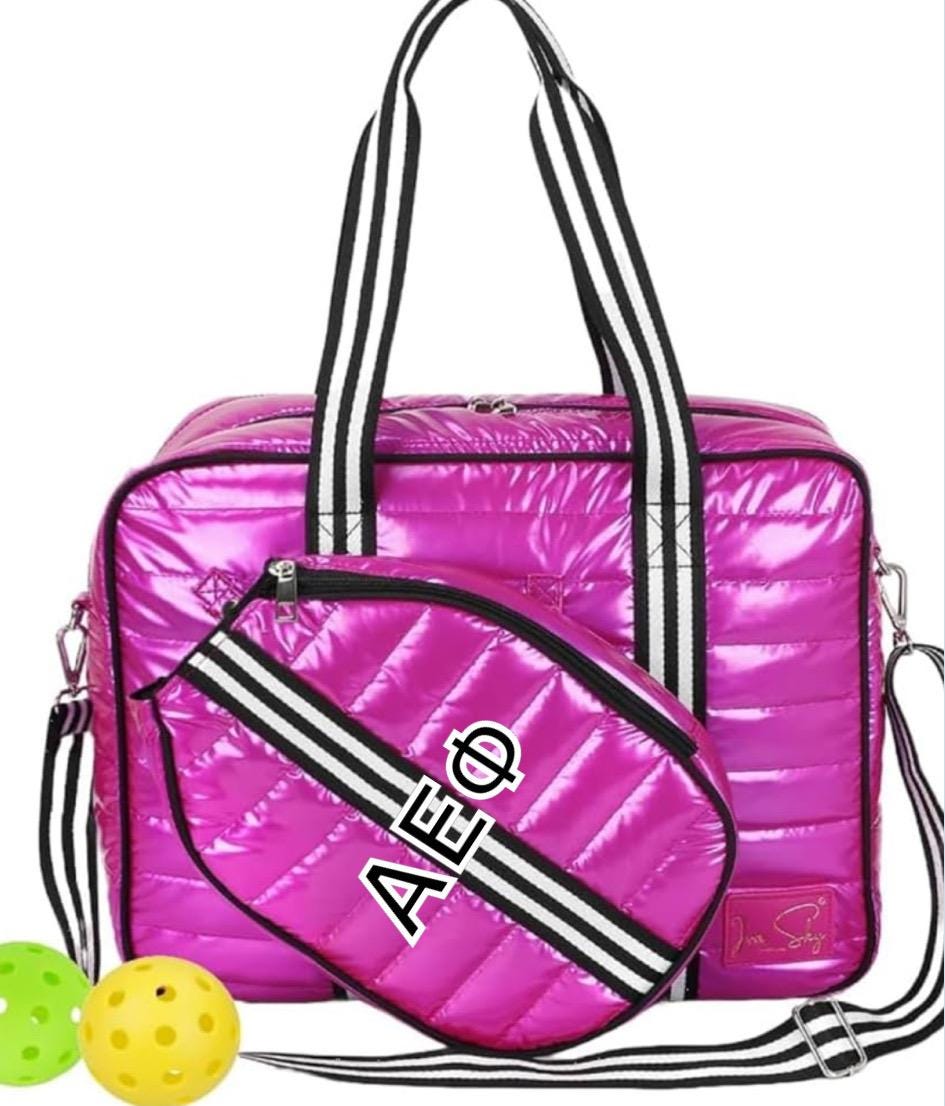 Cutest Pickleball quilted Patent faux leather tote w/ sling bag. detachable paddle bag. Embroidered Monogram or Name! 14”L x 11”(h) x 5”(D)