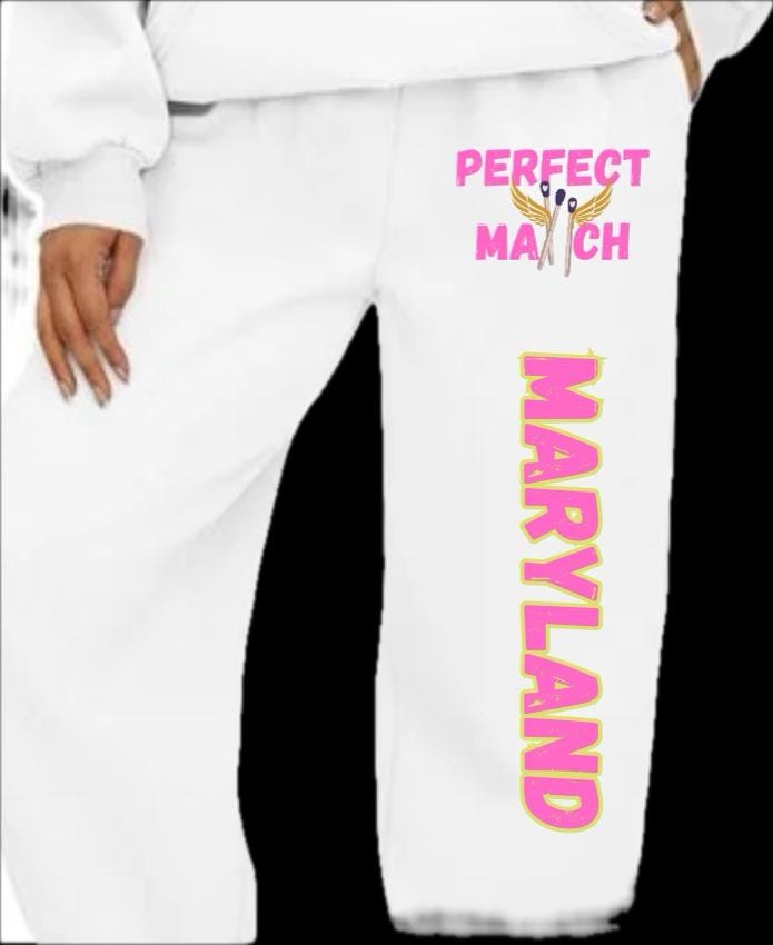 Sweatpants wide bottom with pockets & college logo and name down leg college, camp, team name