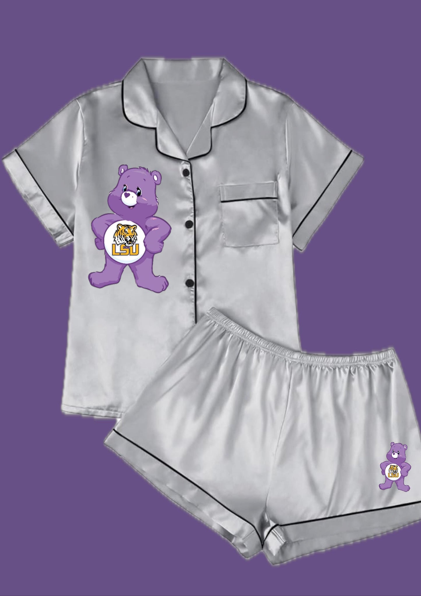 2 piece (custom) satin pajama short lounge set Custom College/Camp Set. (Optional monogram or name) Greek Sorority Letters, Stones Tongue!