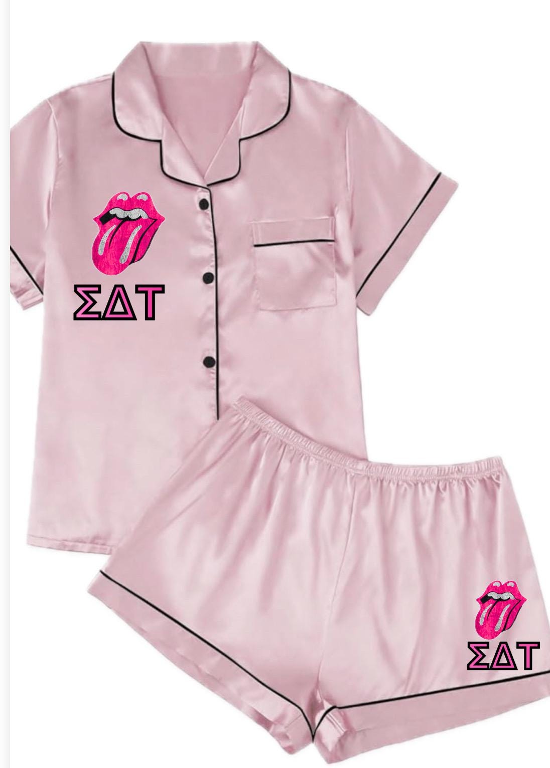 The Stones Tongue 2 piece (custom) satin pajama short lounge set Custom College/Camp Set. (Optional monogram or name) Greek Sorority Letters