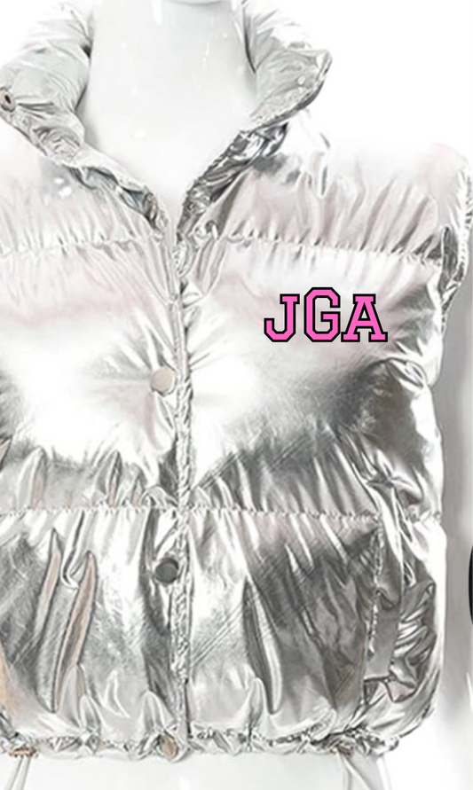 Silver puffer down vest with personalization 