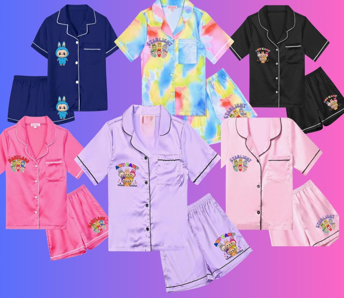 Custom labooboo inspired  Youth  2 piece satin pajama set  Camp or School - Cute Labubu-Inspired