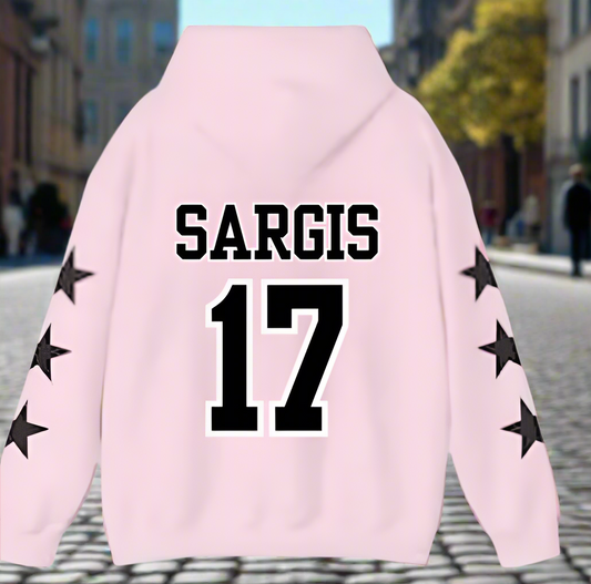 Sports Star Sweatshirt with Name & Number Sport Mom, Sibling, Aunt, Player Family -  stars or hearts down the arms