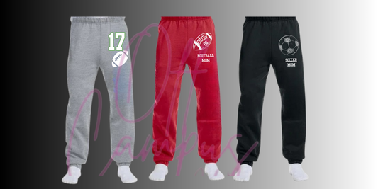 Sweatpants elastic bottoms  & college logo and name down leg college, camp, team name