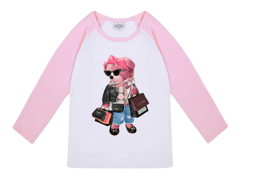 Toddler Bear Custom Raglan personalized with name and color (iced coffee, sunglasses, polo bear couture shopping bear, add their name)