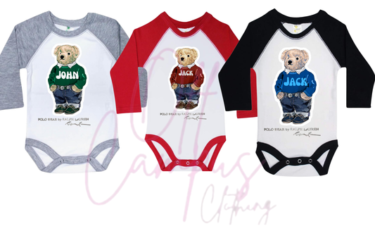 Polo Bear or Fancy Bear Custom Raglan onesie personalized with name and color (iced coffee, shopping bear, add name)