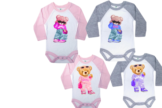 Couture Fashion Bear Custom Raglan onesie personalized with name and color (iced coffee, shopping bear, add name)