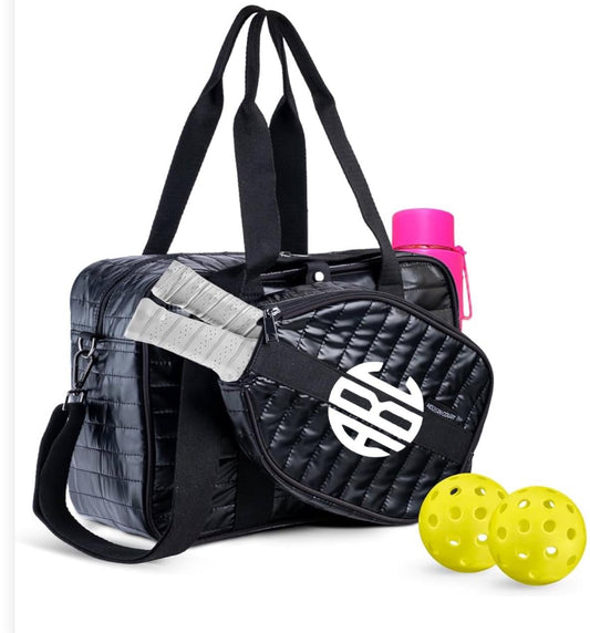 Cutest Pickleball quilted Patent faux leather tote w/ sling bag. detachable paddle bag. Embroidered Monogram or Name! 14”L x 11”(h) x 5”(D)