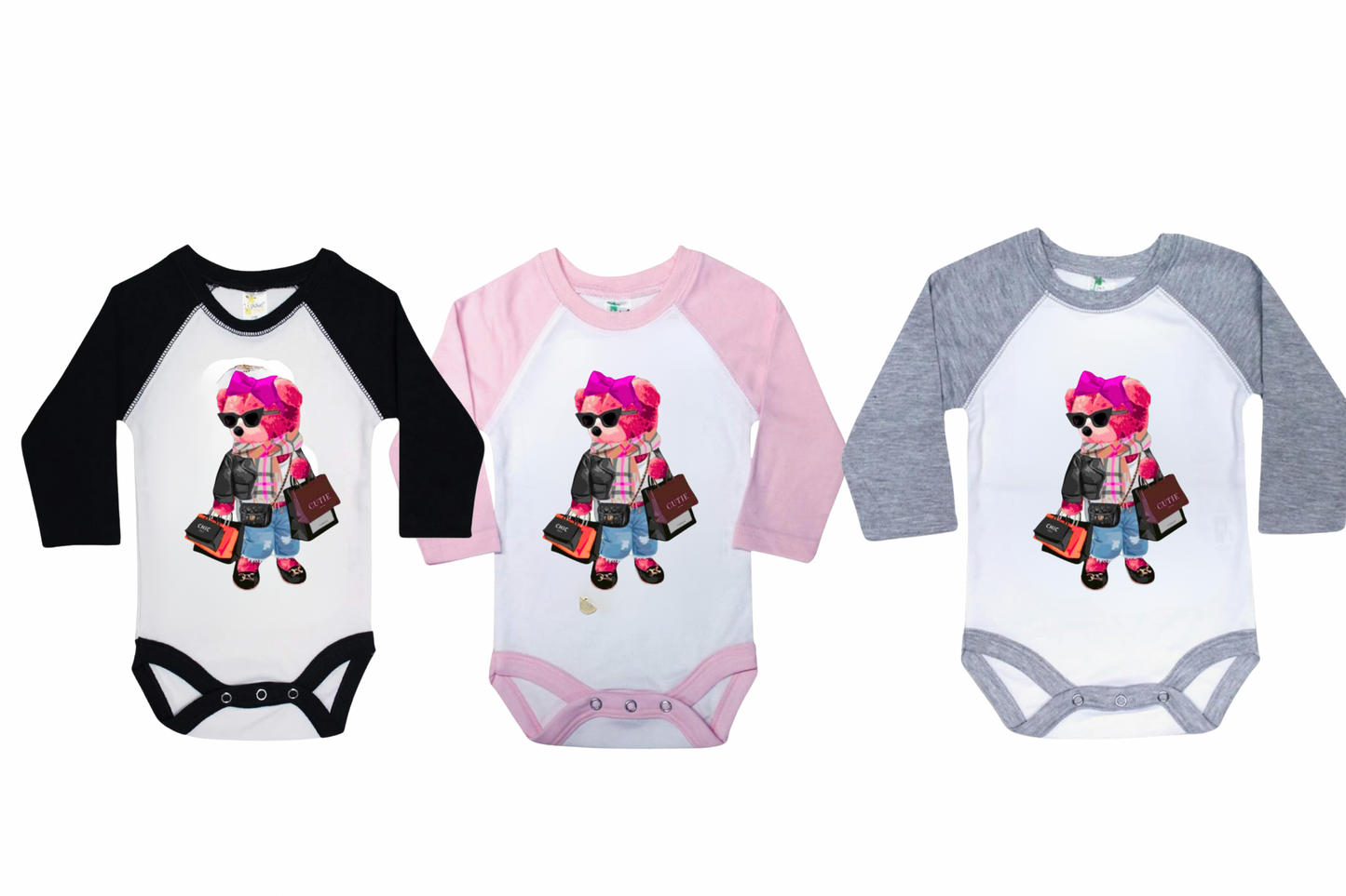 Couture Fashion Bear Custom Raglan onesie personalized with name and color (iced coffee, shopping bear, add name)