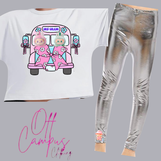 Inspired by laboobu dolls on School Bus shirt with Grade and name optional. (as a set is an option with metallic matching leggings)