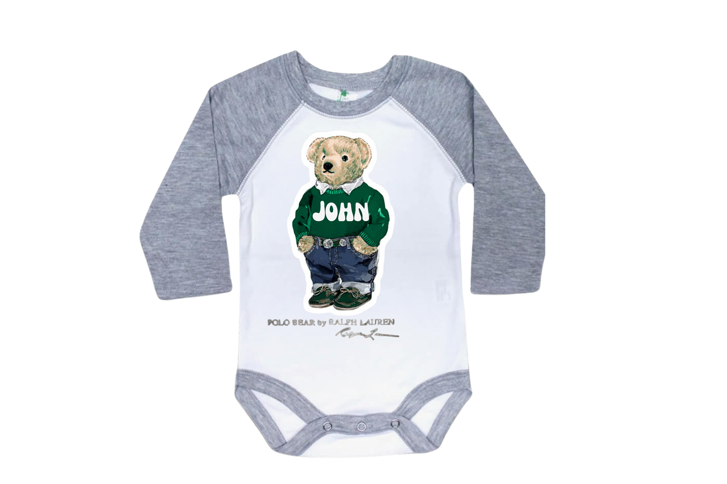 Couture Fashion Bear Custom Raglan onesie personalized with name and color (iced coffee, shopping bear, add name)