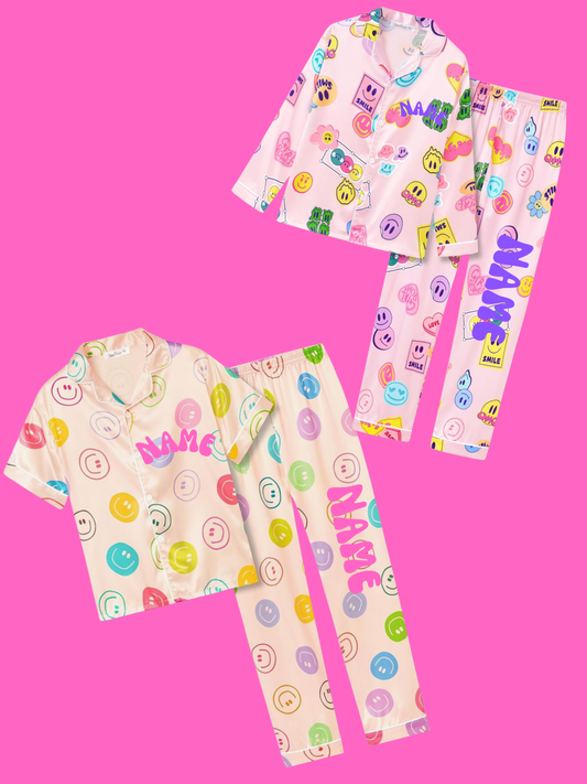 Personalized Name Cute Designs  Youth  2 piece satin pajama set  Camp or School - Cute Labubu-Inspired