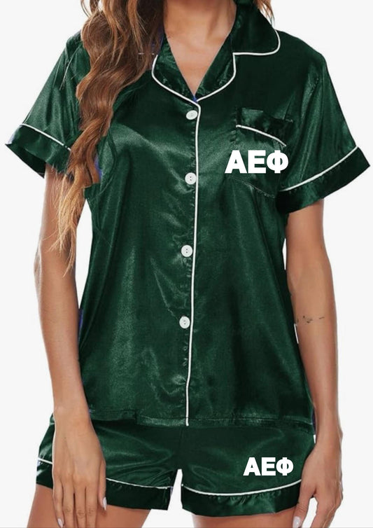 2 piece (custom) satin pajama short lounge set Custom College/Camp Set. (Optional monogram or name) Greek Sorority Letters, Stones Tongue!