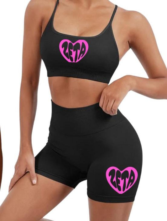 College Name Workout sport bra style Two Piece SET Slim Short Sleeve Low Waist Foldover Shorts.