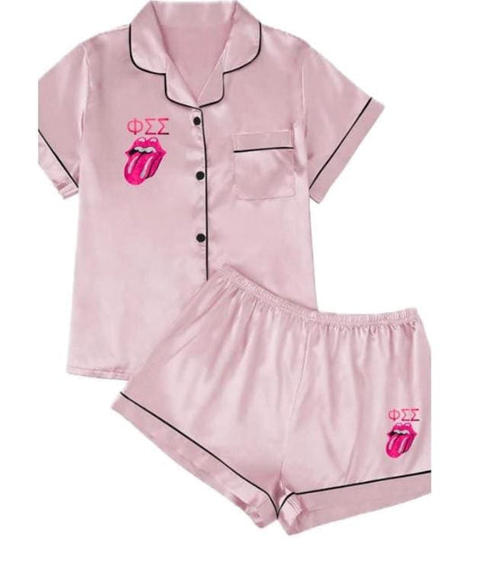 The Stones Tongue 2 piece (custom) satin pajama short lounge set Custom College/Camp Set. (Optional monogram or name) Greek Sorority Letters